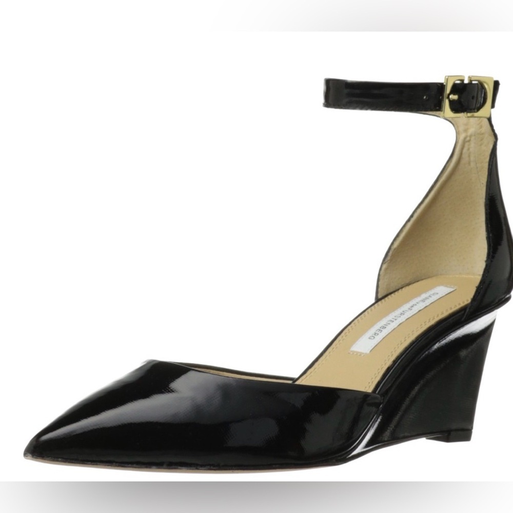 Diane Von Furstenberg women’s shoes Sz 5.5 Wedge Black Patent Ankle Wrap pointed - Picture 3 of 10
